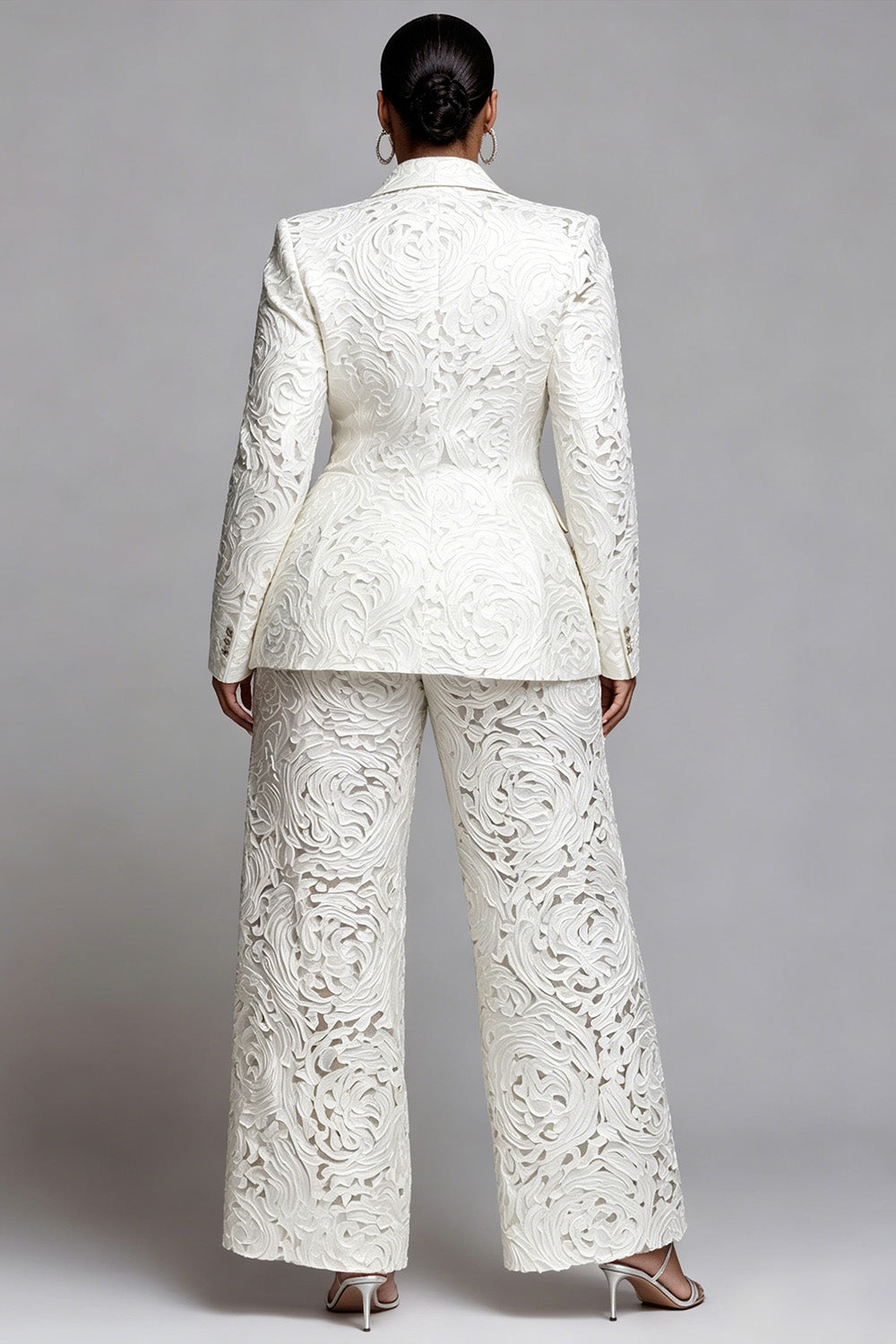 Xpluswear Design Plus Size Formal White Lapel Collar Long Sleeve Pocket Wide Leg Two Piece Pant Suits