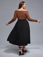 Plus Black Elastic Waist Pleated Skirt