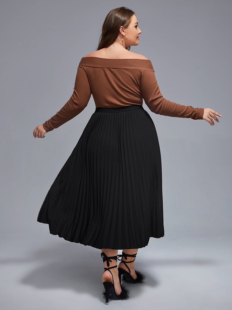 Plus Black Elastic Waist Pleated Skirt