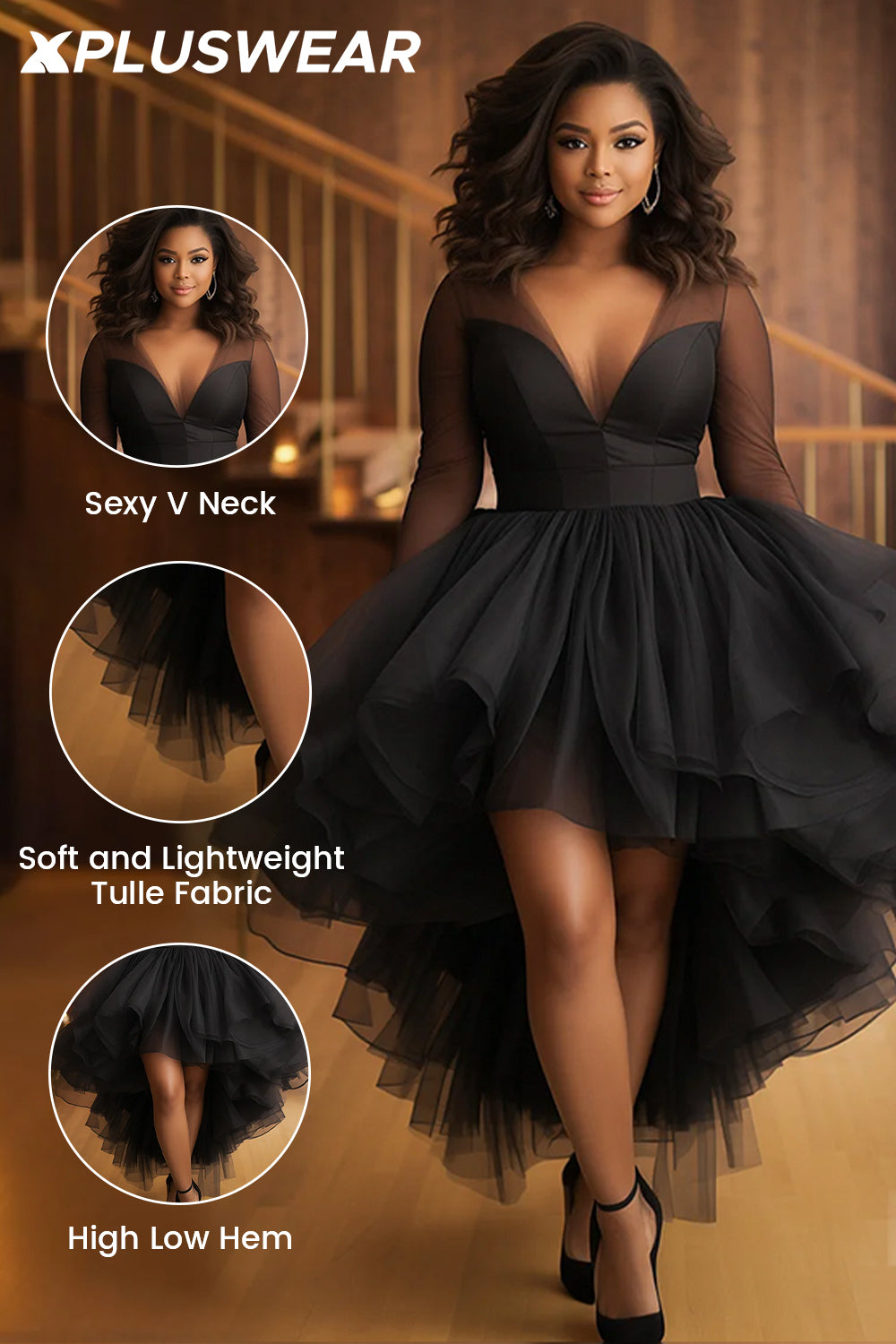 Xpluswear Design Plus Size Cocktail Party Black V Neck Long Sleeve High Low Hem Ruffle Tulle Mini Dresses