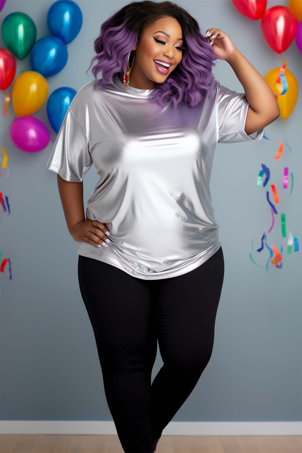 Xpluswear Design Plus Size Party Casual Silver Spring Summer Round Neck Short Sleeve Metallic T-Shirts