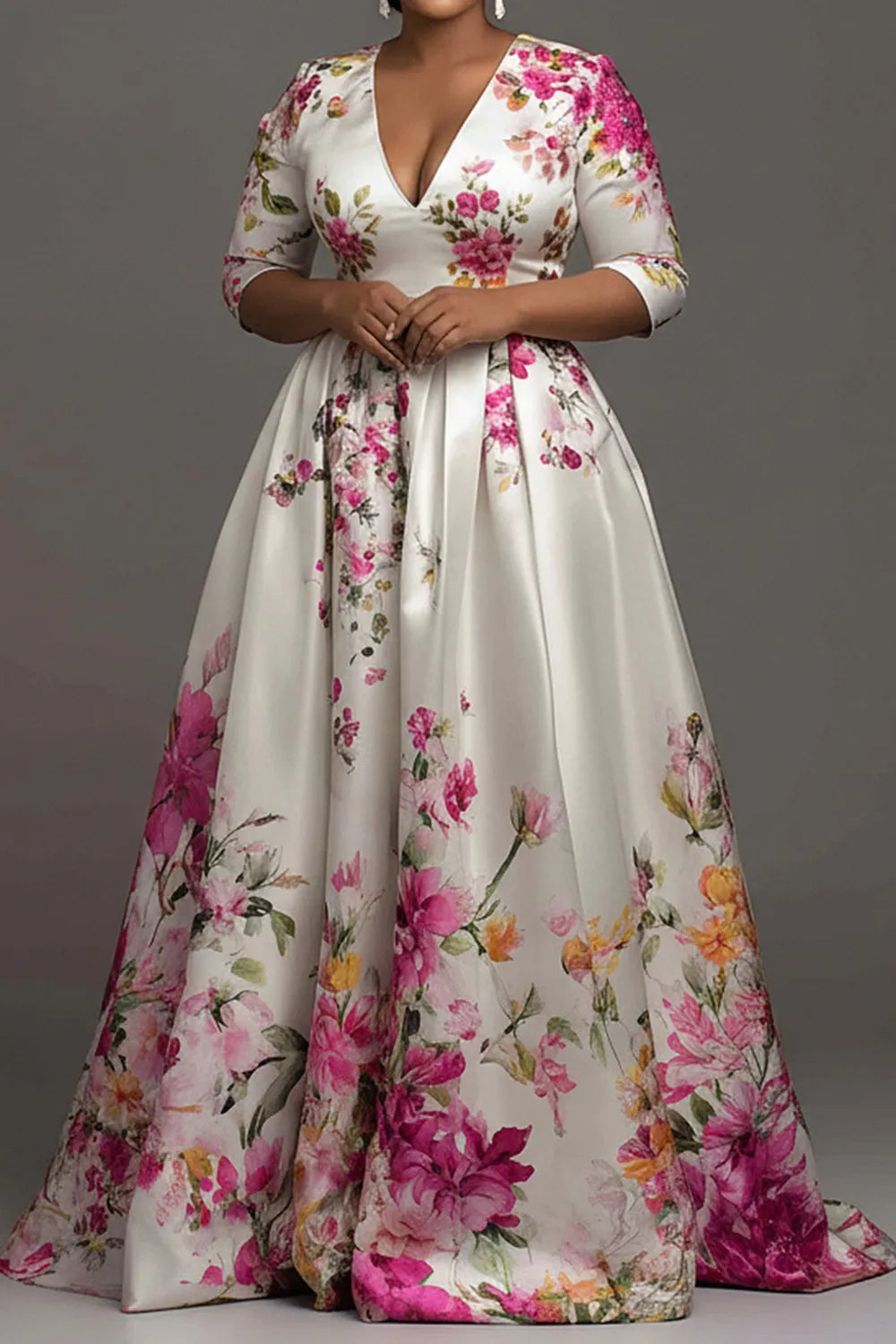 Xpluswear Design Plus Size Formal Multicolor Floral V Neck Short Sleeve Pocket Satin Maxi Dresses