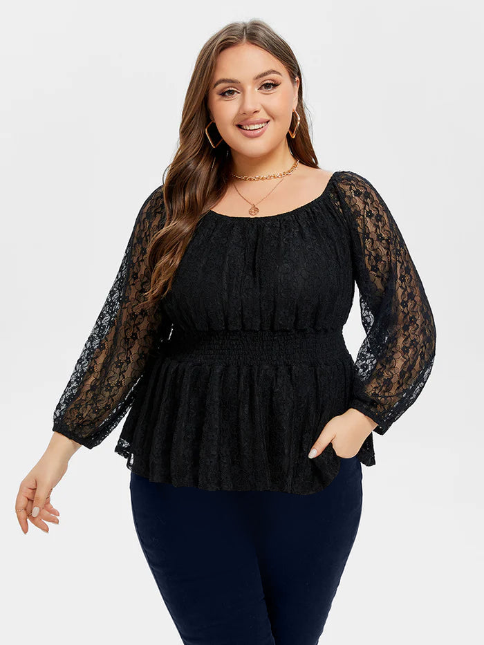 VIP Lace Sleeve Peplum Hem Elastic Waist Blouse