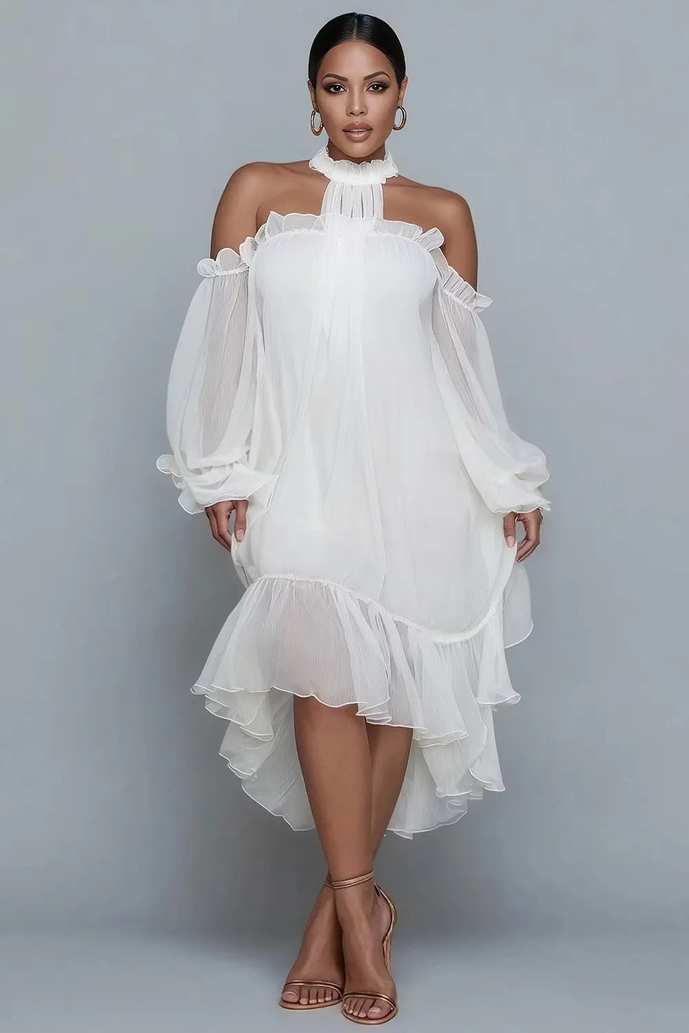 Xpluswear Design Plus Size Birthday Black Halter Collar Cold Shoulder Long Sleeve Ruffle Asymmetric Hem Irregular Hem Chiffon Midi Dresses