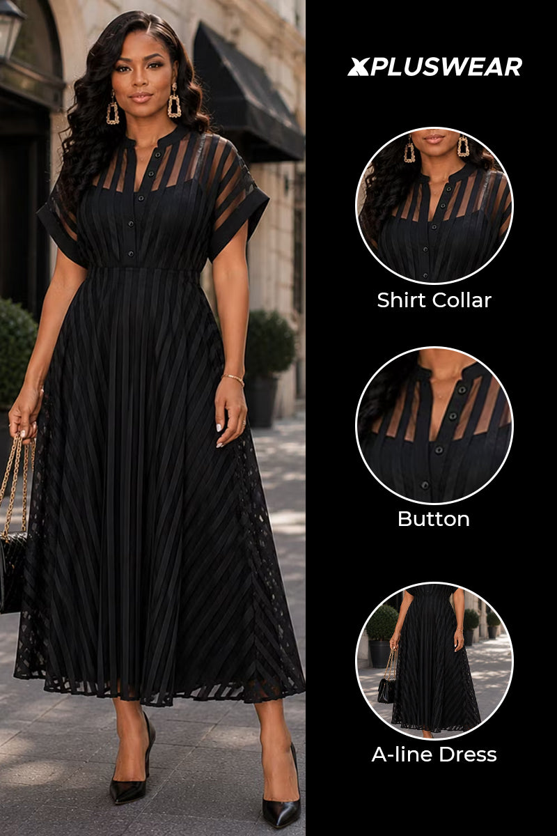 Xpluswear Design Plus Size Business Casual Black Shirt Collar Short Sleeve See Through Button Midi Dresses