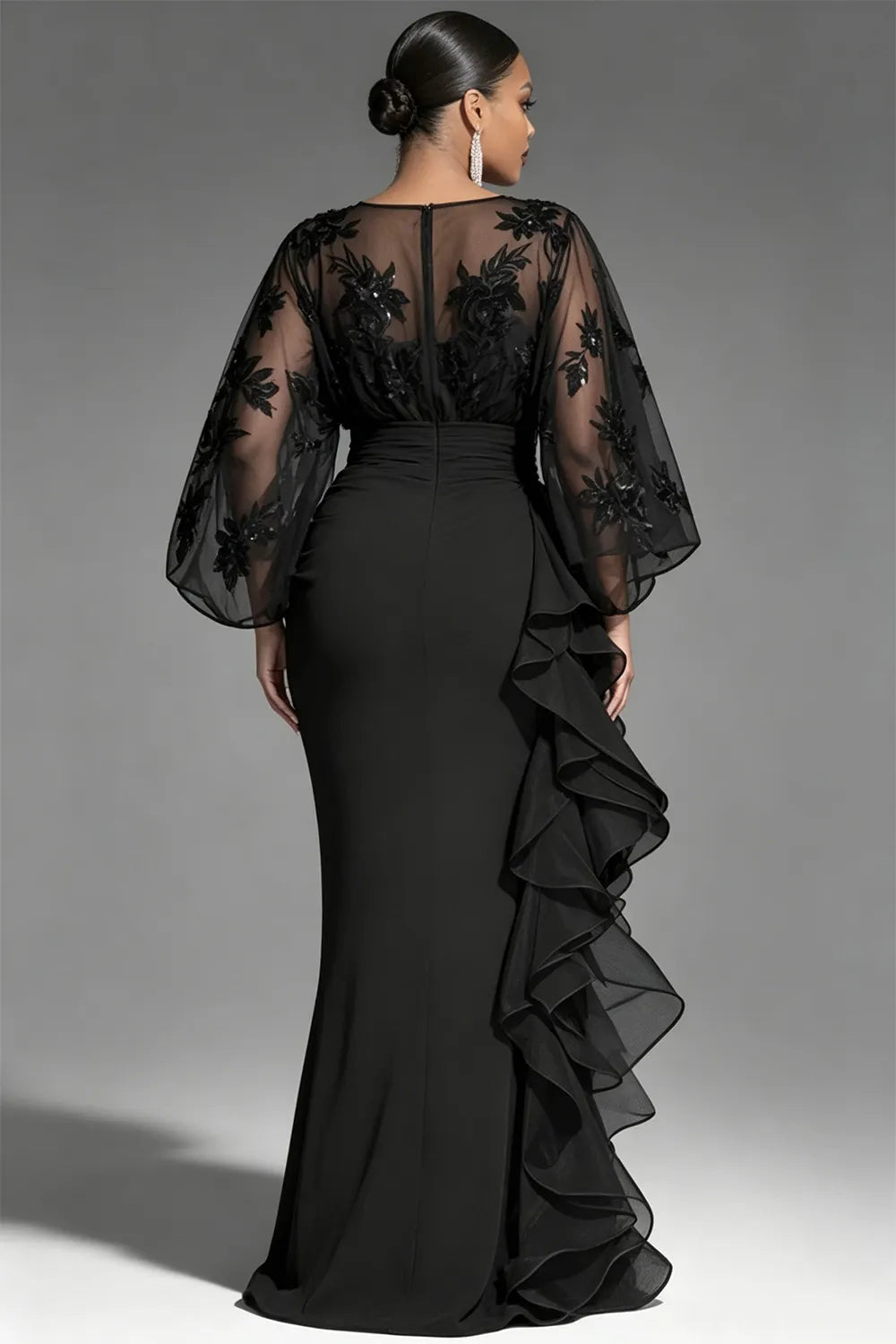 Xpluswear Design Plus Size Formal Black V Neck 3/4 Sleeve Ruffle Contrast Chiffon Maxi Dresses