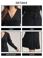 VIP Solid Tie Front Pleated Hem Sweater Dress