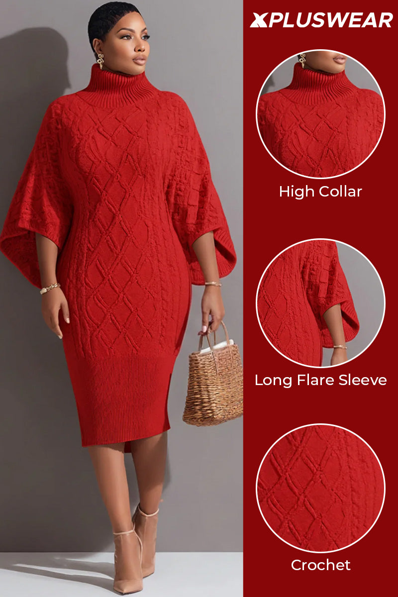 Xpluswear Design Plus Size Business Casual Red High Collar Flare Long Sleeve Bodycon Elegant Crochet Midi Dresses