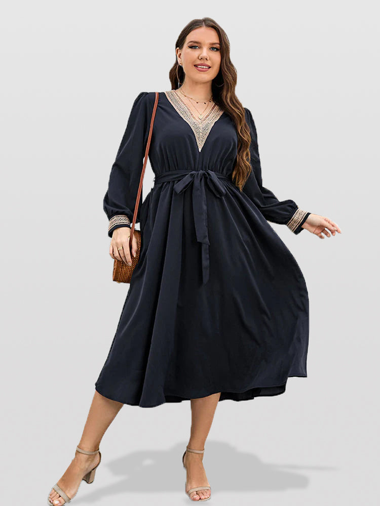 Plus Blue Eyelet Lace Belted Midi Dress