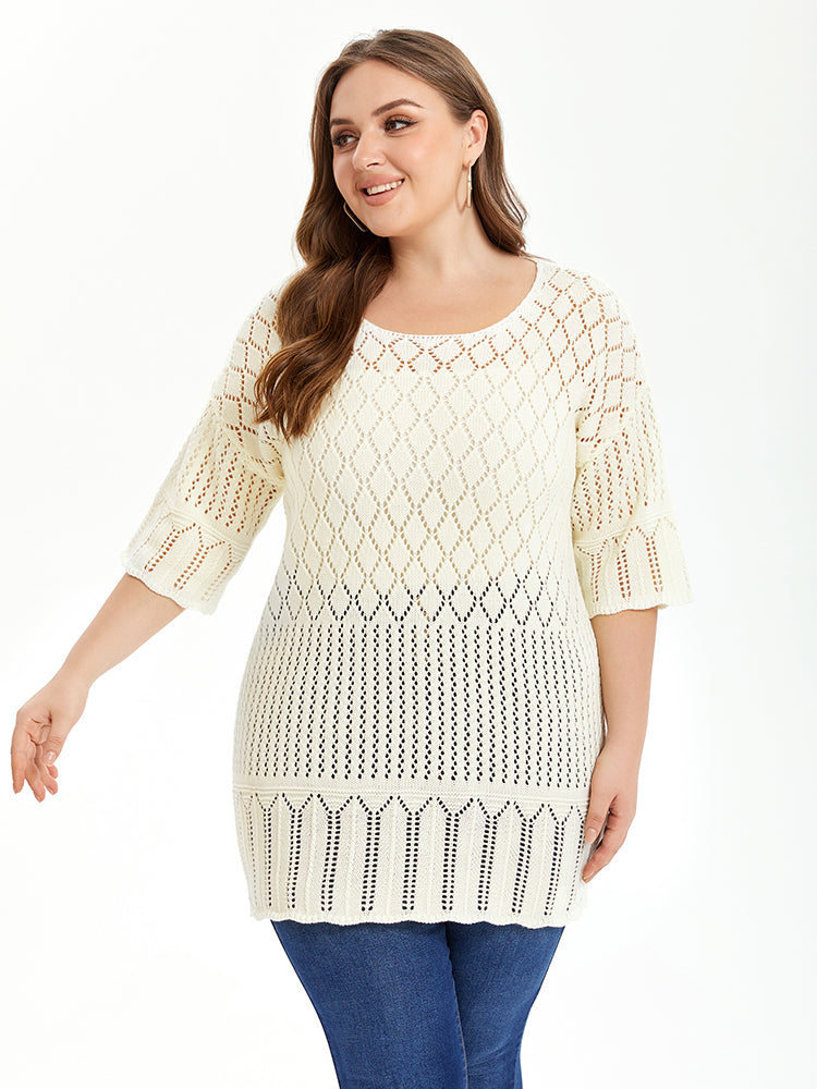 Pointelle Knit Round Neck Sweater