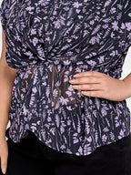 Plus Black Floral Elastic Waist Dolman Sleeve Blouse