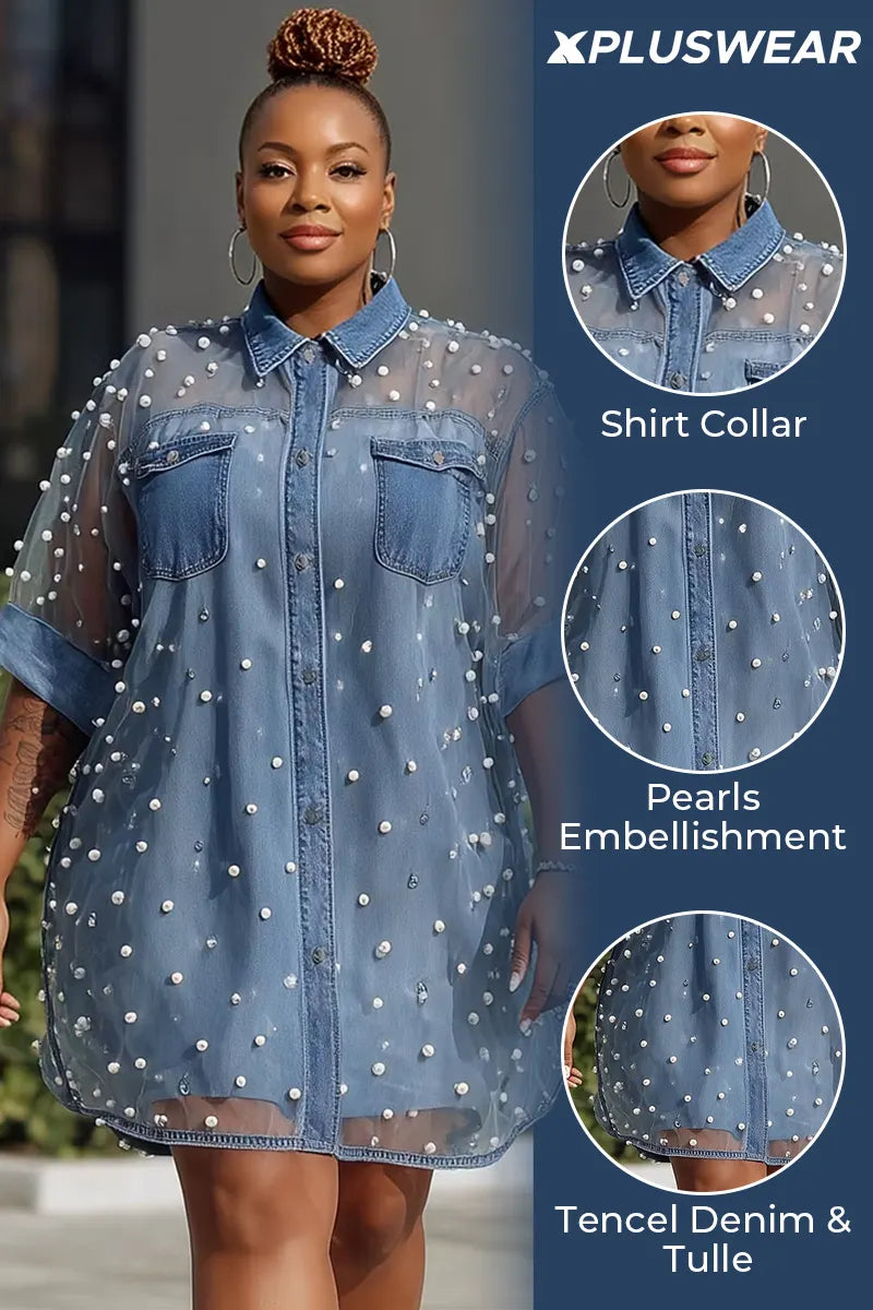 Xpluswear Design Plus Size Festival Casual Tulle Blue Shirt Collar Short Sleeve Pearls See Through Tencel Denim Mini Dresses