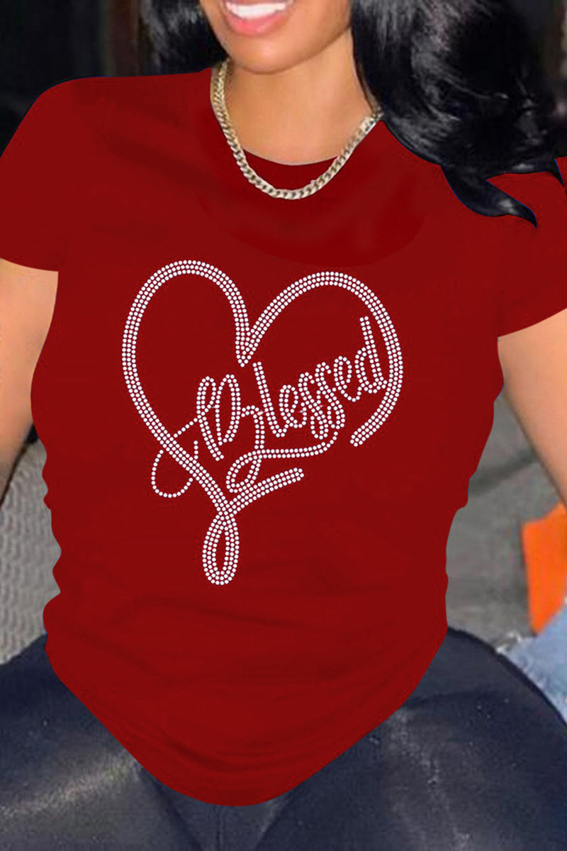 Xpluswear Plus Size Casual Graphic Heart O Neck Shiny T-Shirt