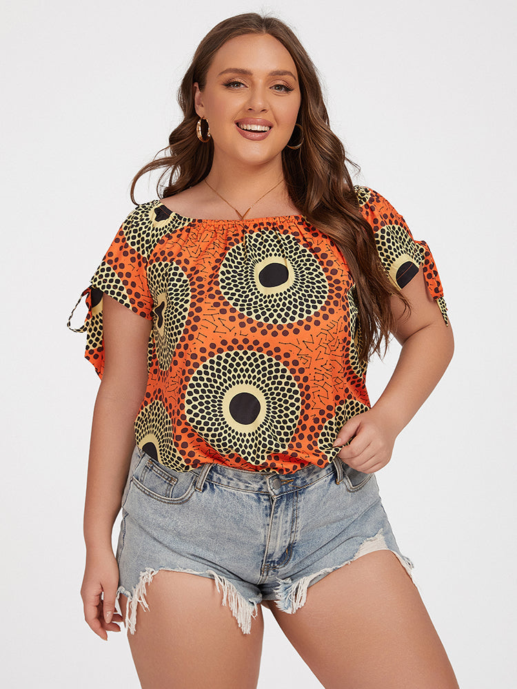 Plus Orange Tropical Print Tie Sleeve Blouse