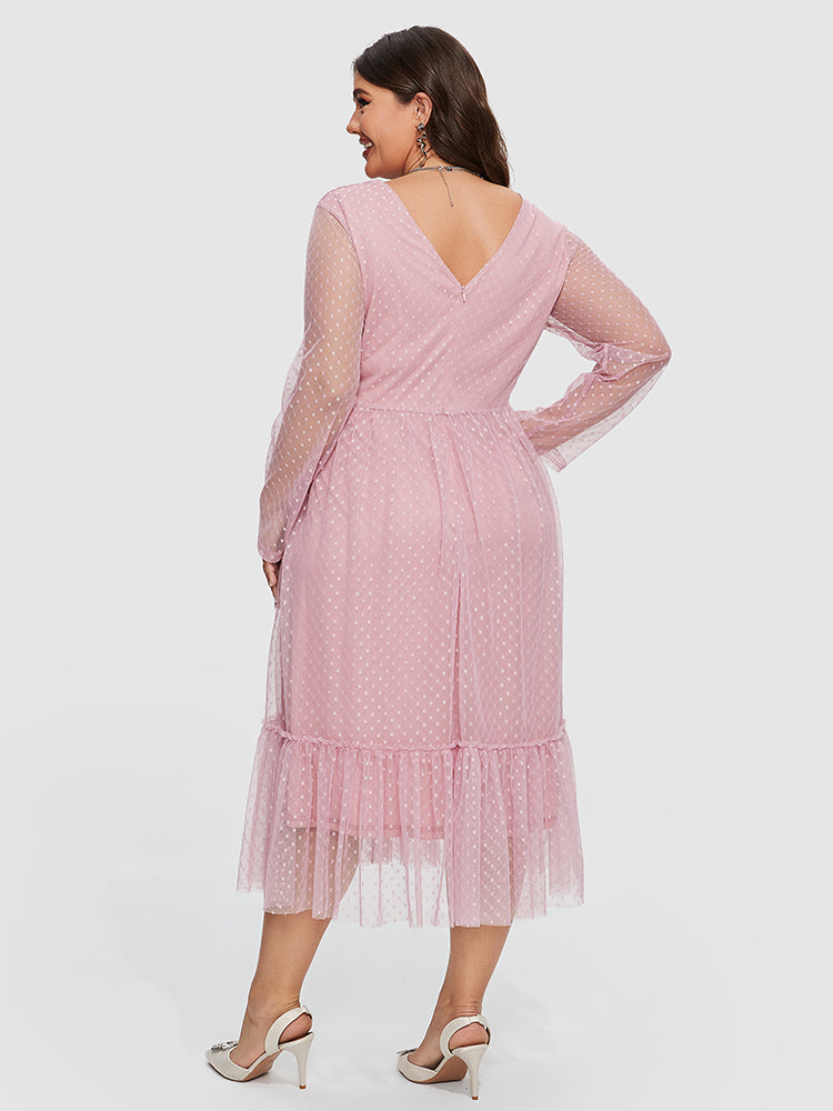 Solid Polka Dot Print V-Neck Ruffle Hem Dress