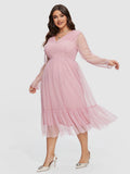 Solid Polka Dot Print V-Neck Ruffle Hem Dress