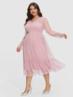 Solid Polka Dot Print V-Neck Ruffle Hem Dress