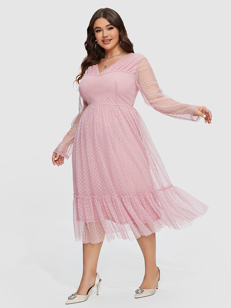 Solid Polka Dot Print V-Neck Ruffle Hem Dress