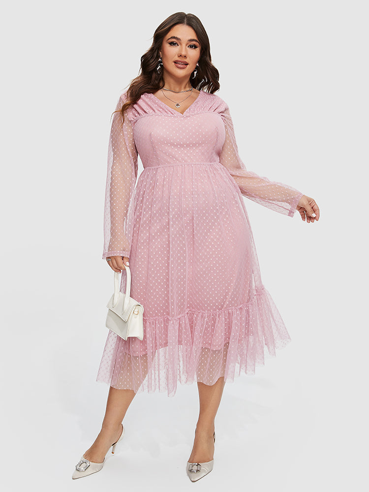 Solid Polka Dot Print V-Neck Ruffle Hem Dress