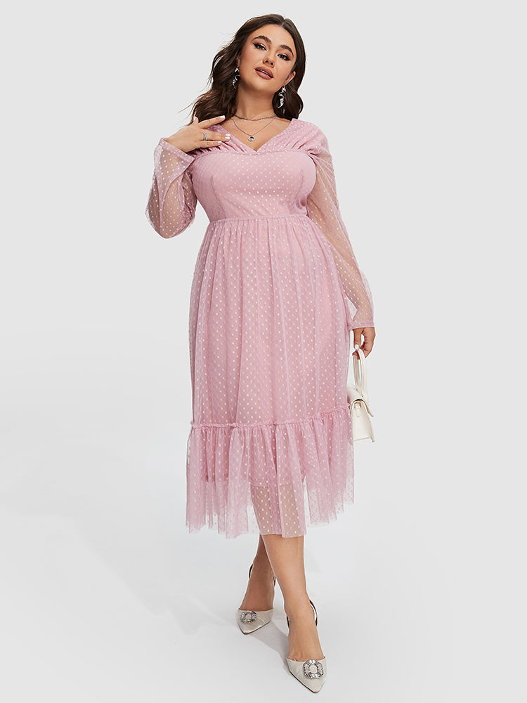 Solid Polka Dot Print V-Neck Ruffle Hem Dress