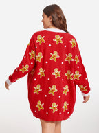 VIP Christmas Print Contrast Trim Dual Pocket Cardigan