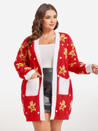 VIP Christmas Print Contrast Trim Dual Pocket Cardigan