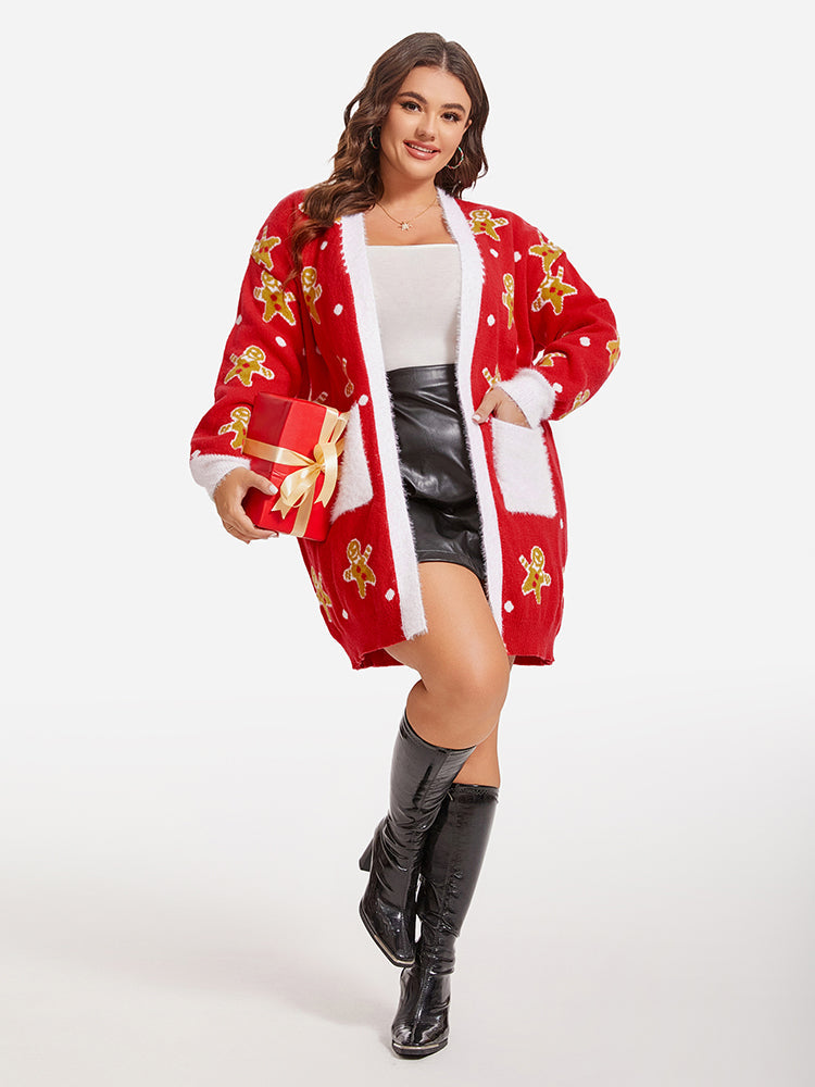 VIP Christmas Print Contrast Trim Dual Pocket Cardigan