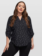 Plus Heart Print Button Front Cuffed Sleeve Blouse
