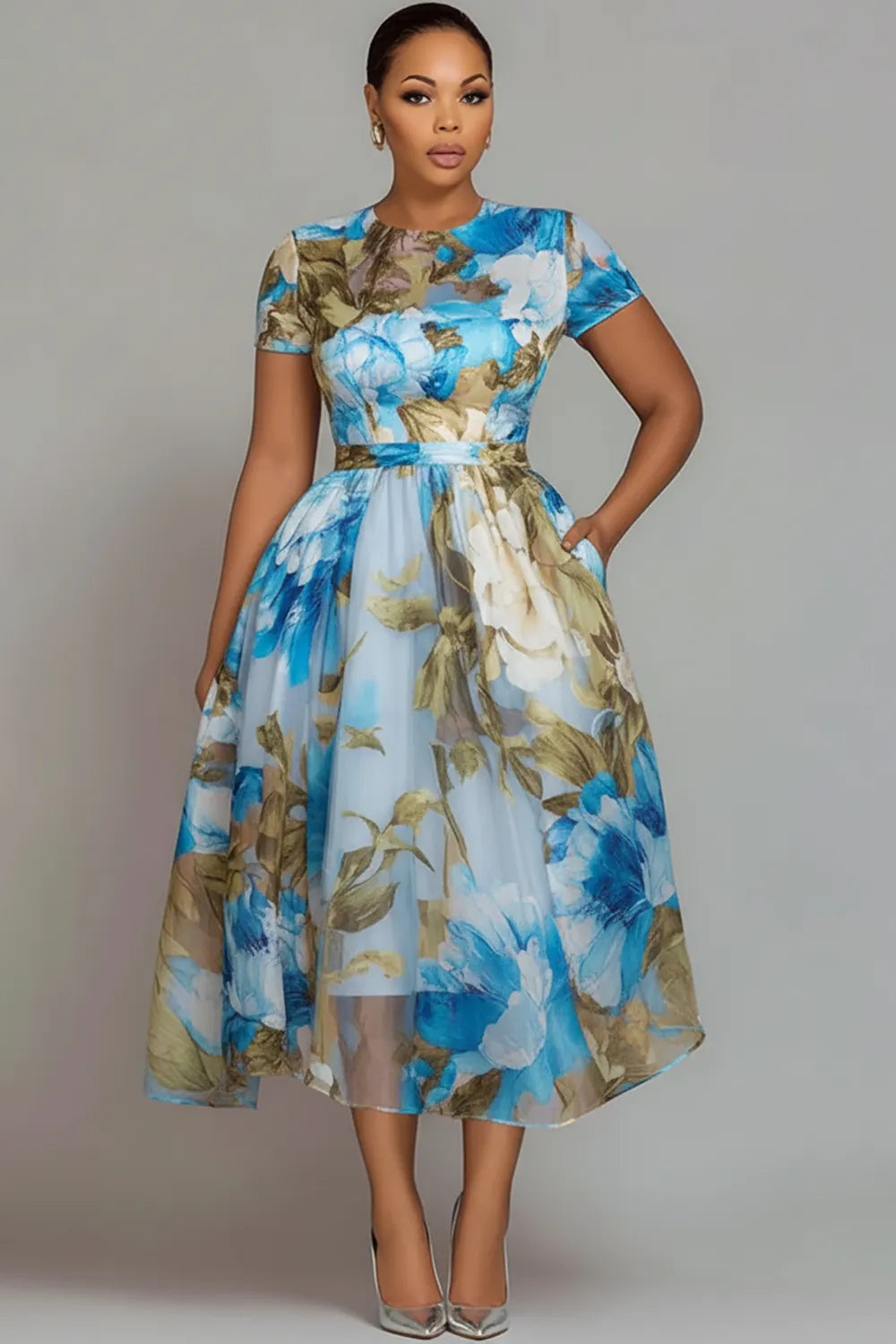 Xpluswear Design Plus Size Wedding Guest Pink Floral Round Neck Short Sleeve Pocket See Through Chiffon Midi Dresses
