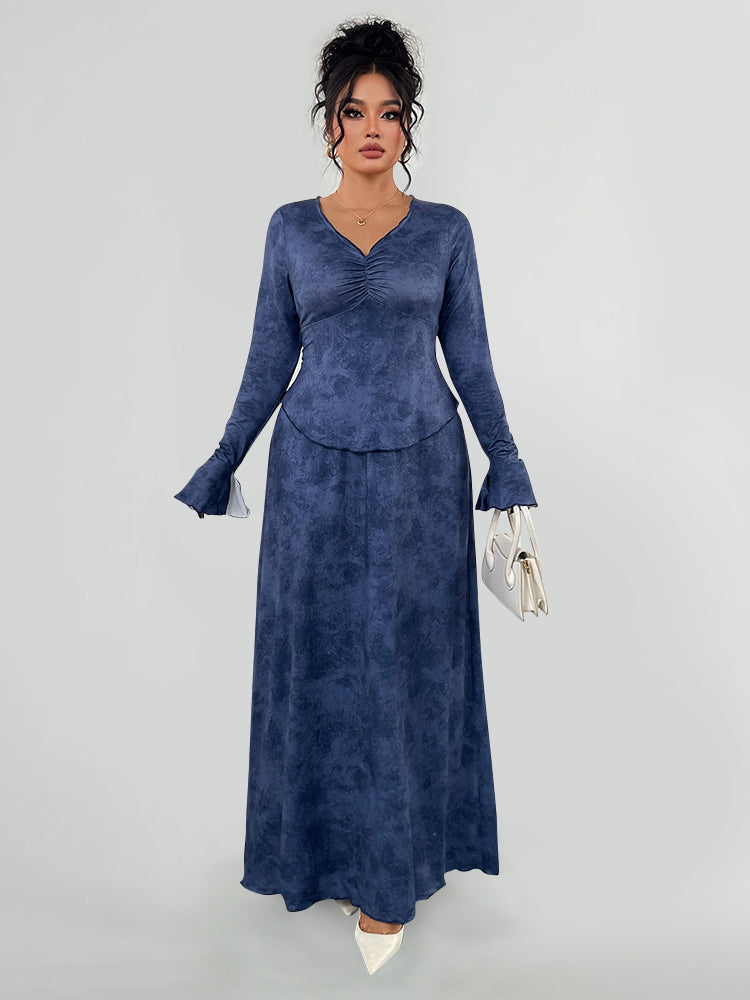 V-Neck Ruched Puff Sleeve Two Piece Dress
