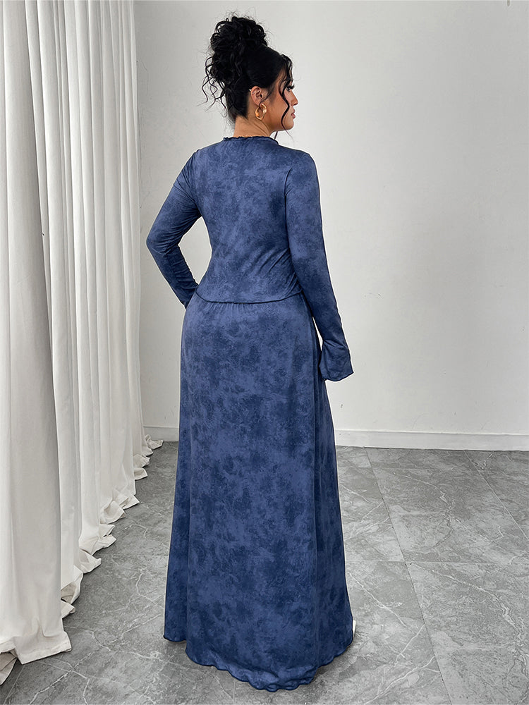 V-Neck Ruched Puff Sleeve Two Piece Dress
