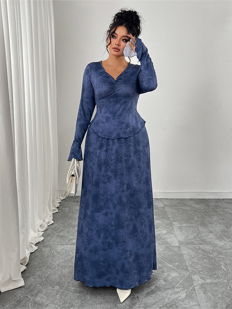 V-Neck Ruched Puff Sleeve Two Piece Dress