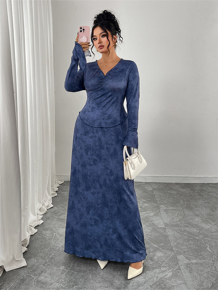 V-Neck Ruched Puff Sleeve Two Piece Dress