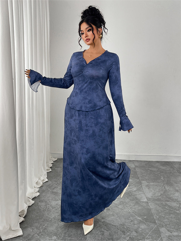 V-Neck Ruched Puff Sleeve Two Piece Dress