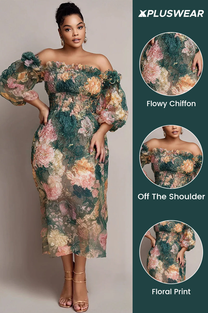 Xpluswear Design Plus Size Wedding Guest Green Floral Off The Shoulder Short Sleeve Smocking Chiffon Midi Dresses