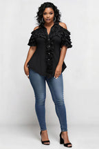 Xpluswear Design Plus Size Business Casual Black Shirt Collar Cold Shoulder Short Sleeve Ruffle Tiered Blouses