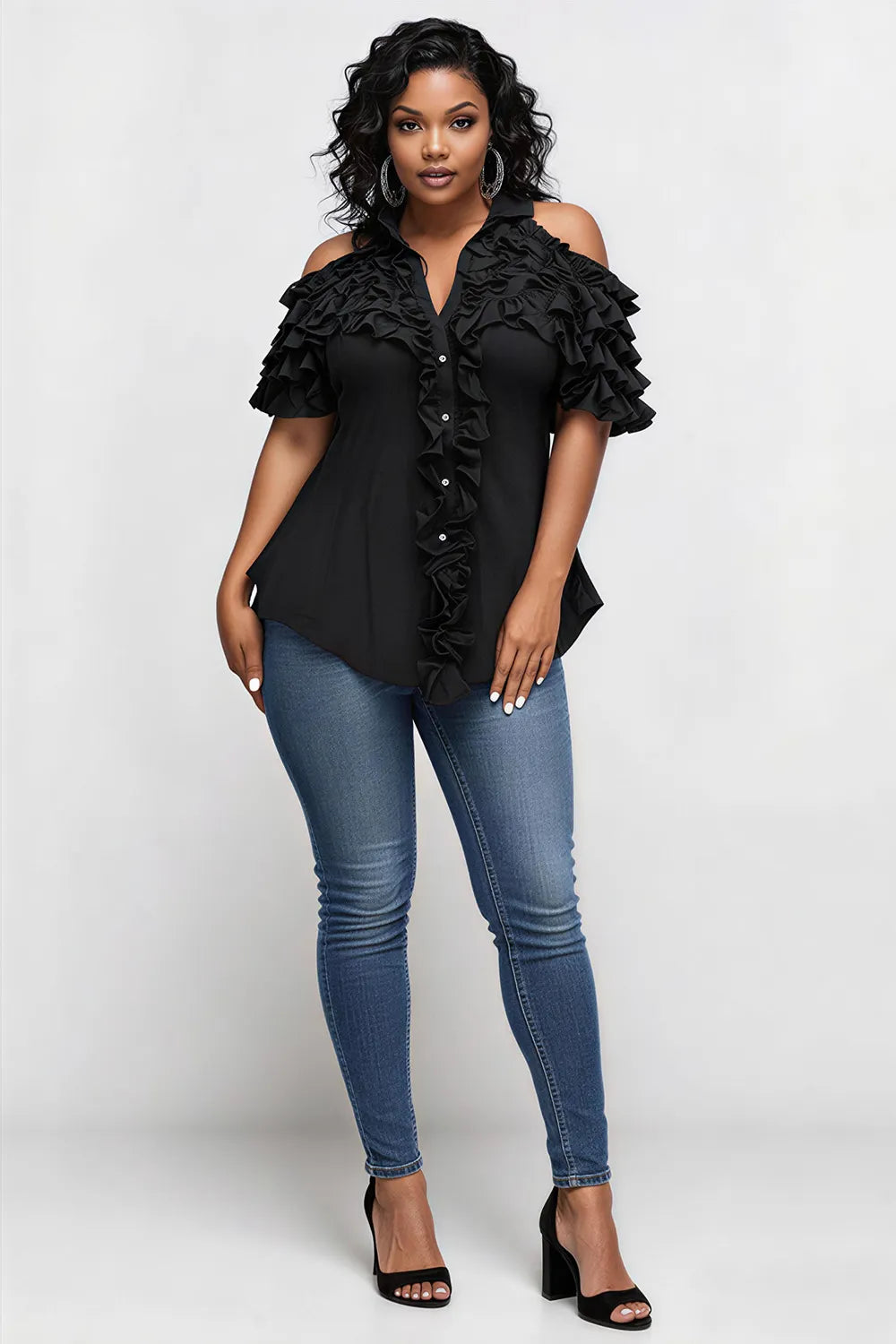Xpluswear Design Plus Size Business Casual Black Shirt Collar Cold Shoulder Short Sleeve Ruffle Tiered Blouses