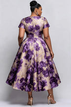 Xpluswear Design Plus Size Cocktail Party Purple Floral Round Neck Short Sleeve Pocket Satin Midi Dresses