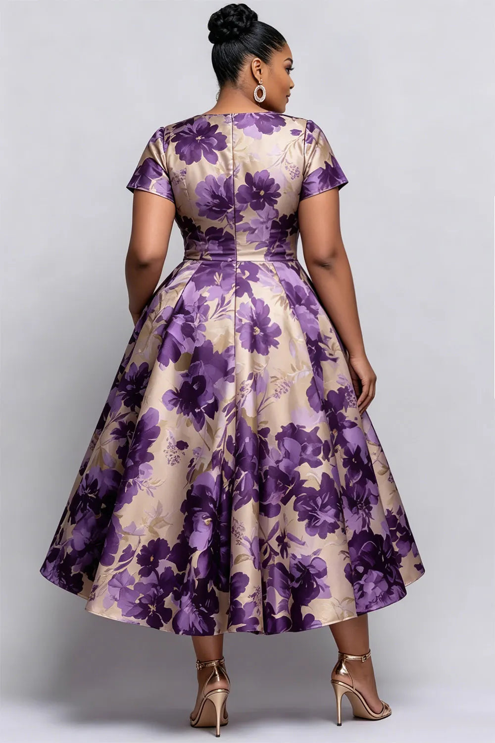 Xpluswear Design Plus Size Cocktail Party Purple Floral Round Neck Short Sleeve Pocket Satin Midi Dresses