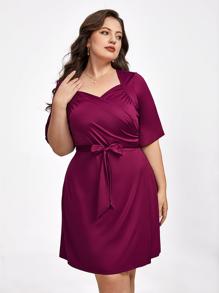 VIP Plus Crisscross Ruched Belted Half Sleeve Party Dress