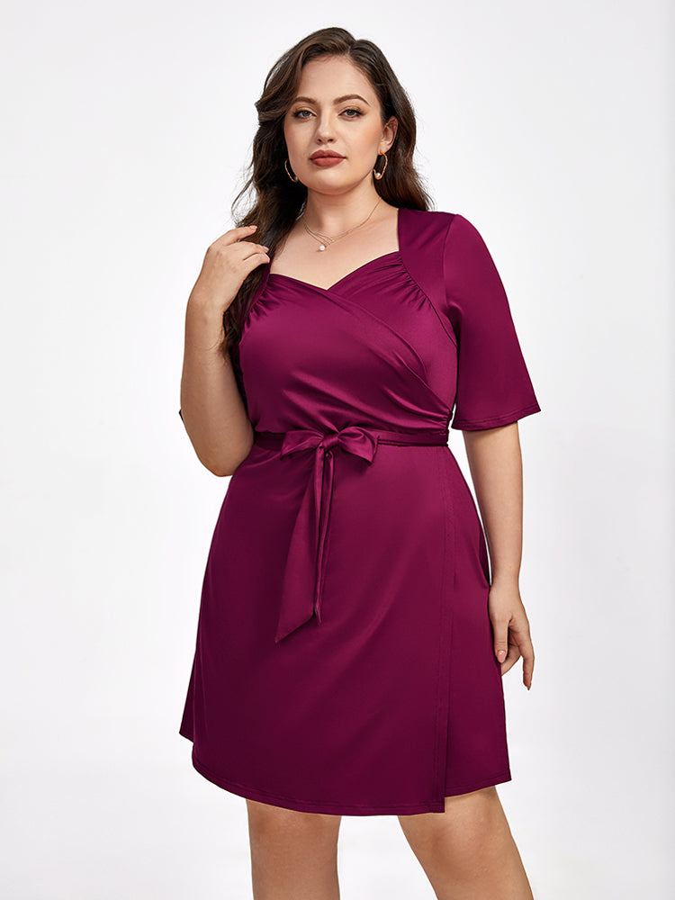 VIP Plus Crisscross Ruched Belted Half Sleeve Party Dress