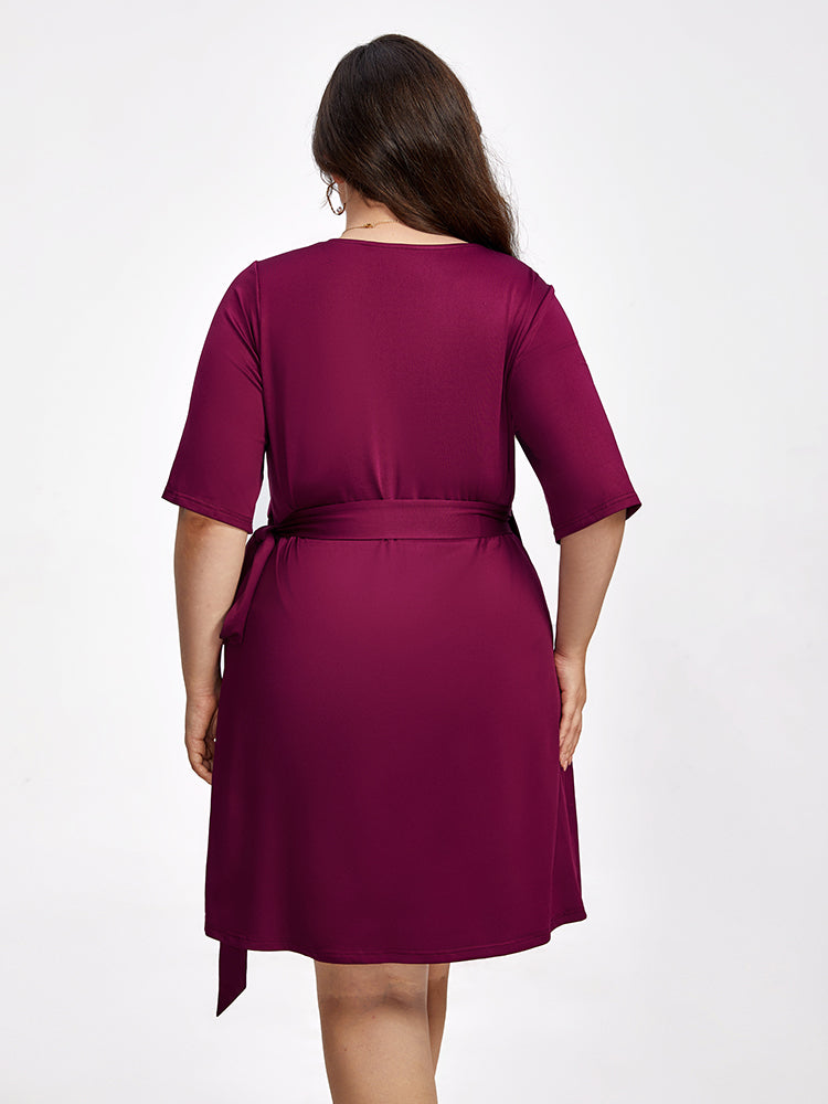VIP Plus Crisscross Ruched Belted Half Sleeve Party Dress