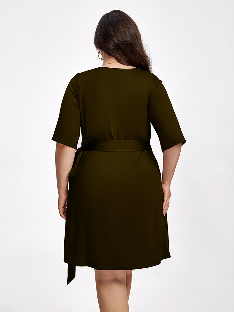 VIP Plus Crisscross Ruched Belted Half Sleeve Party Dress