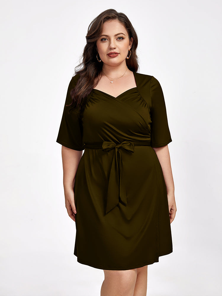 VIP Plus Crisscross Ruched Belted Half Sleeve Party Dress