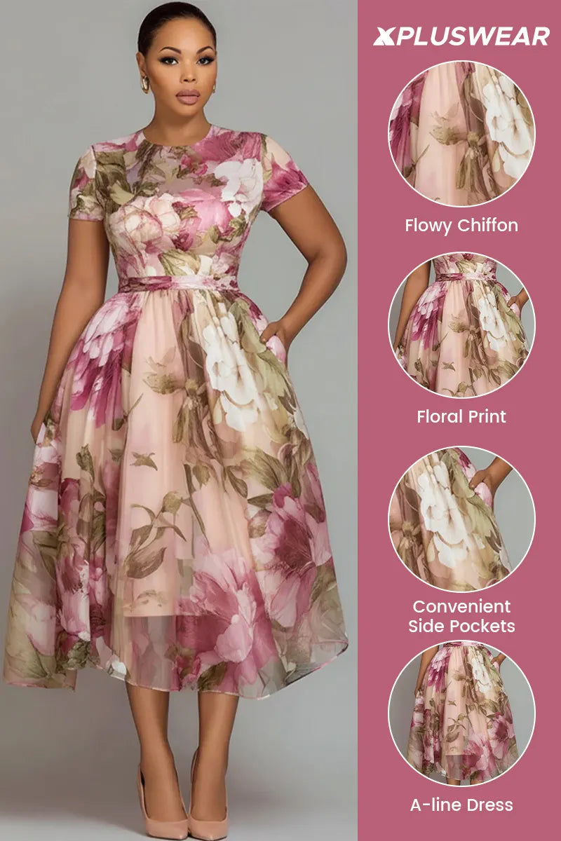 Xpluswear Design Plus Size Wedding Guest Pink Floral Round Neck Short Sleeve Pocket See Through Chiffon Midi Dresses