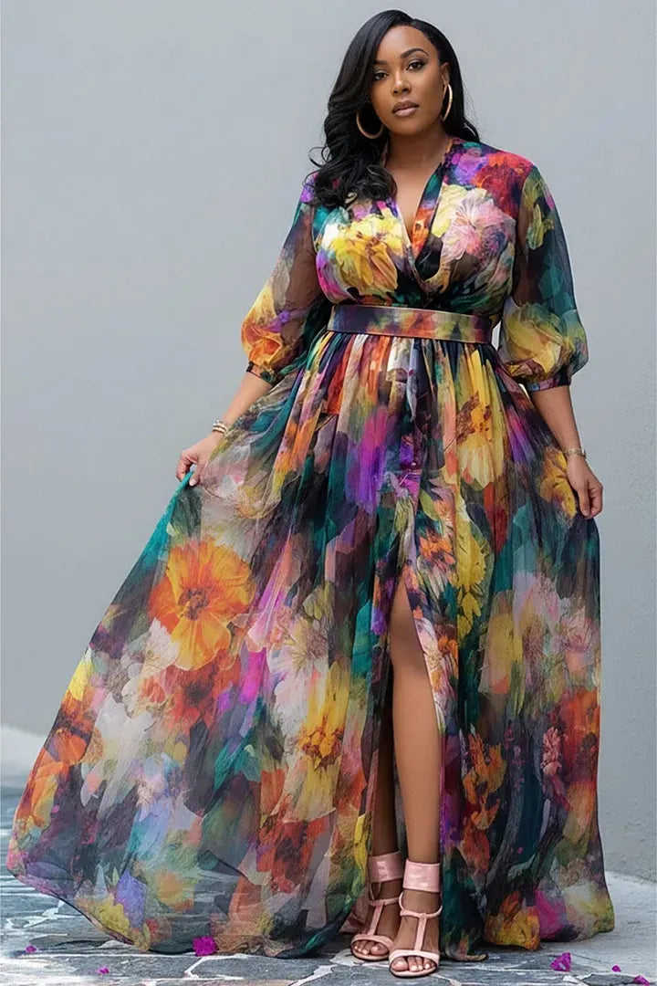 Xpluswear Design Plus Size Vacation Multicolor Floral V Neck Puff Sleeve Half Sleeve Split Chiffon Maxi Dresses