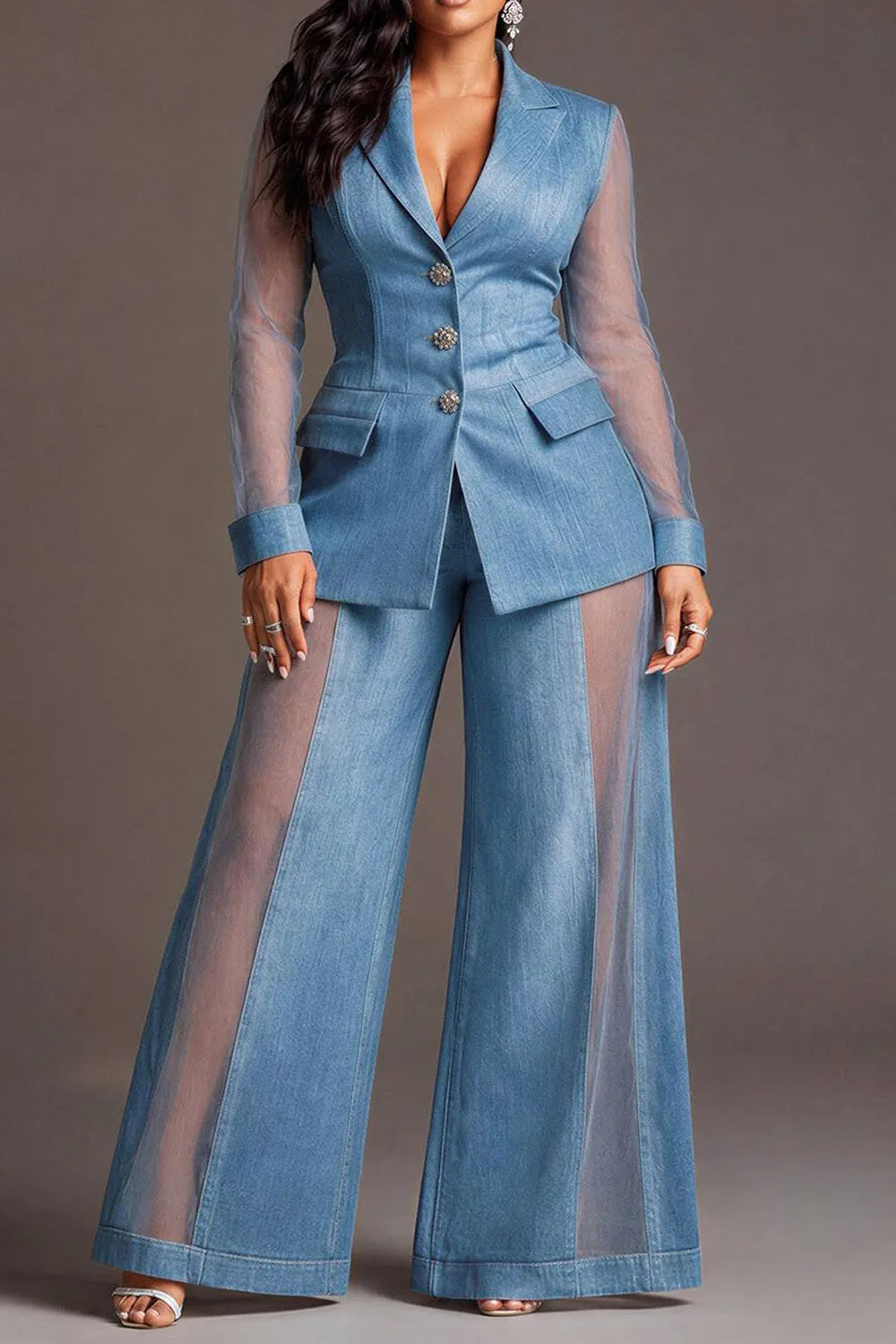Xpluswear Design Plus Size Formal Organza Blue Lapel Collar Long Sleeve See Through Contrast Denim Two Piece Pant Suits [Pre-Order]