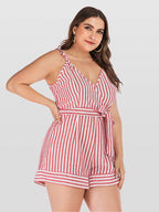Plus Pink Crisscross Striped V-Neck Knot Side Romper
