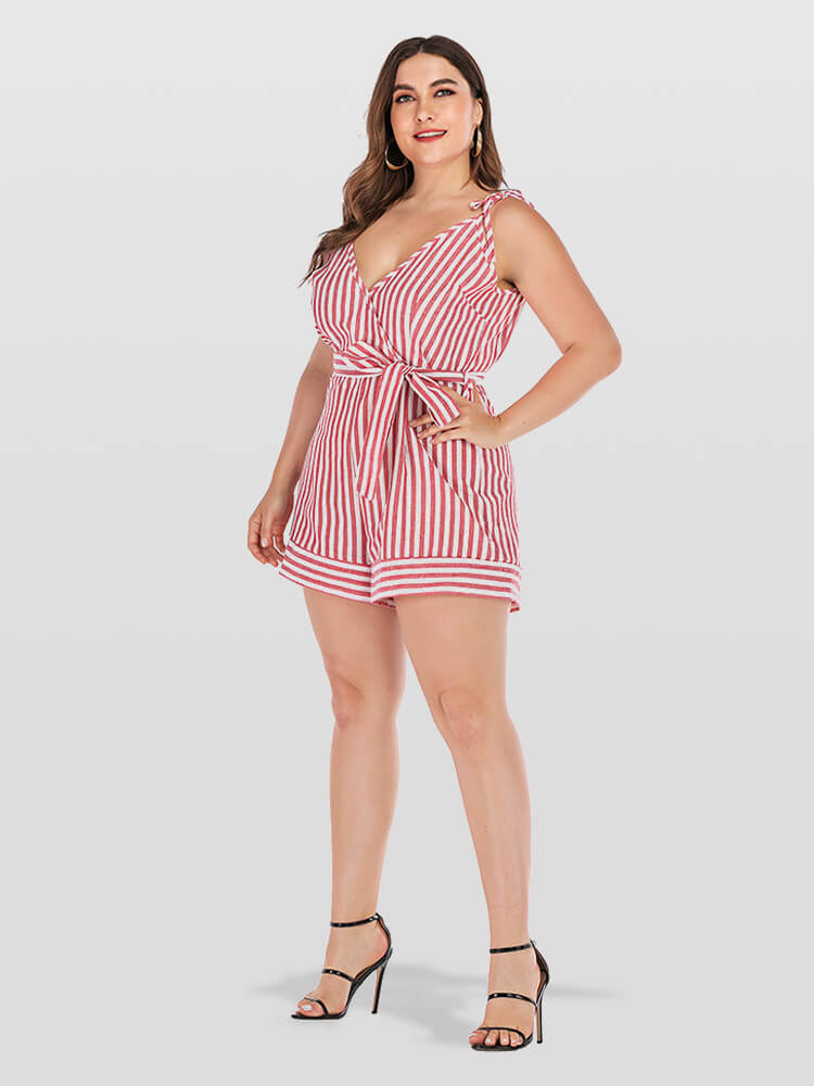Plus Pink Crisscross Striped V-Neck Knot Side Romper