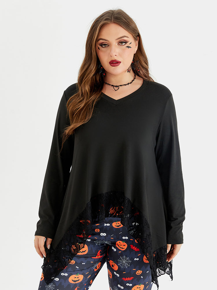 VIP Halloween Contrast Lace Asymmetrical Hem Blouse